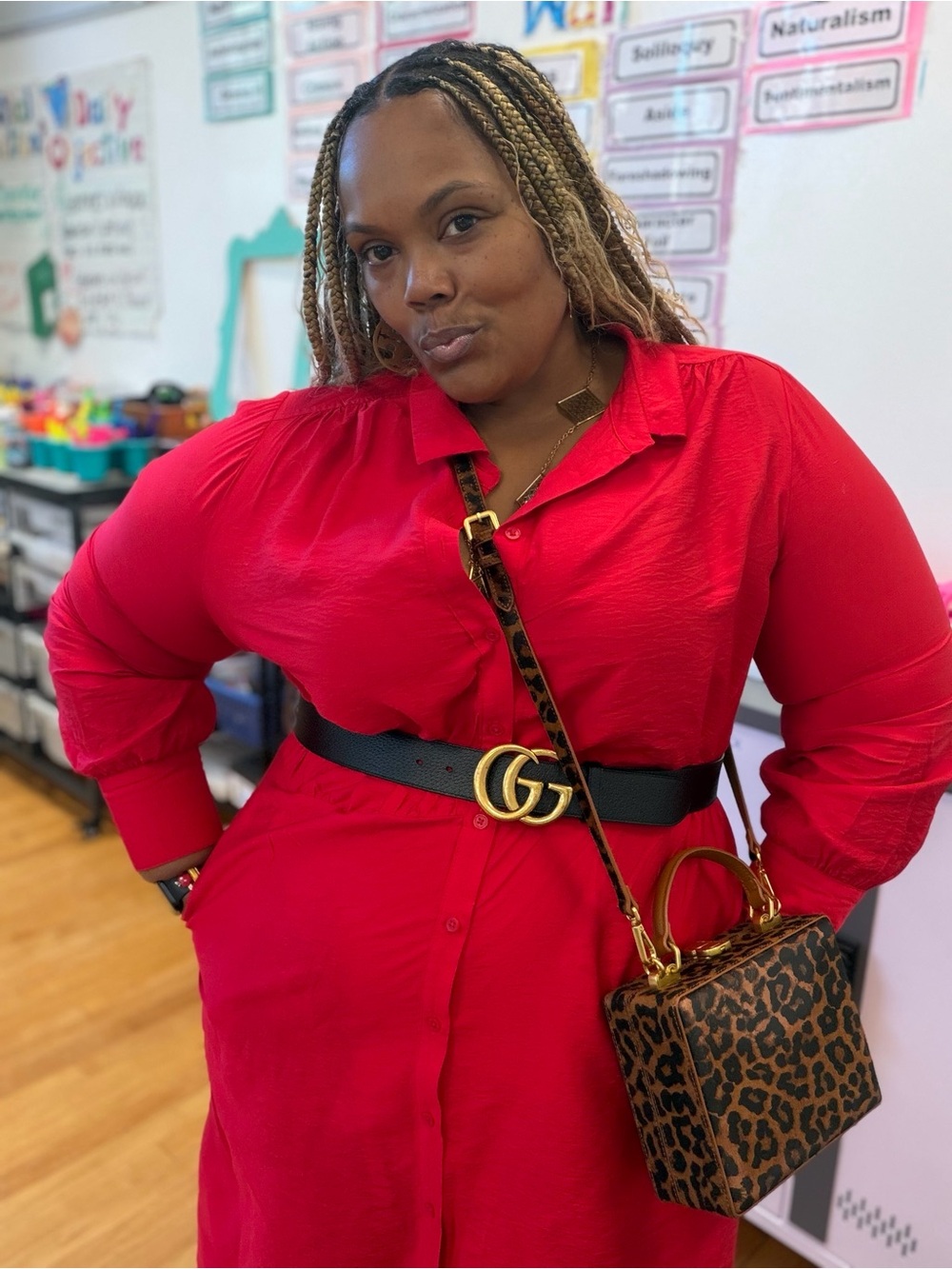 Red Button-Up Shirt Dress with Black GG Belt